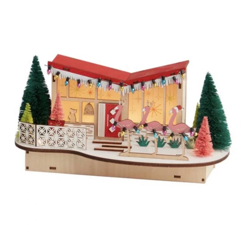 NWT Christmas Woodcut Mid Century Flamingo House Bristle Tree LED Light Up Decor